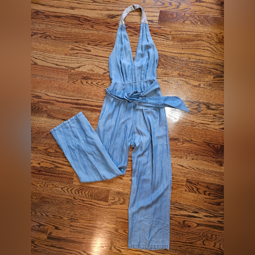 💋BEBE Jumpsuit Halter Top lightweight Denim Blue w Leather strap